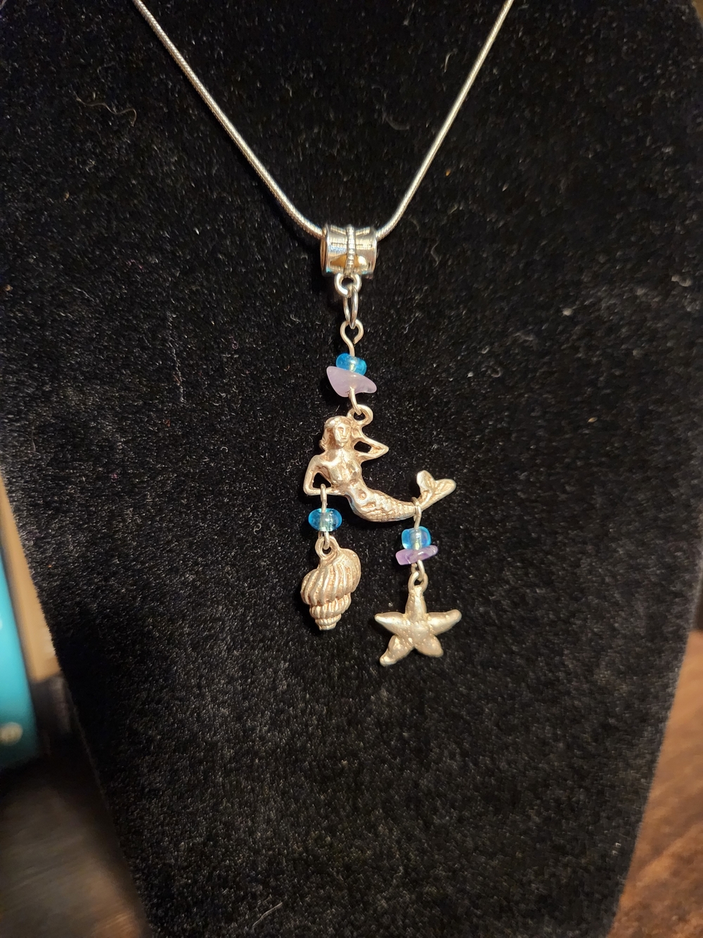 Sterling Mermaid Charm Pendant Necklace with Blue and Purple Beads
